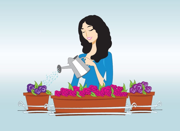 Woman Waters Plants